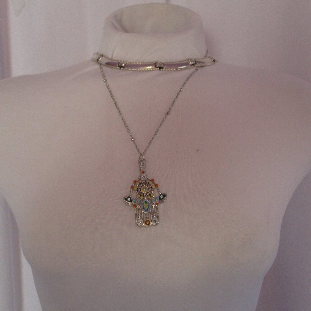 Hamsa Pendant Necklace Colorful and Napier Choker Silver Tone Metal